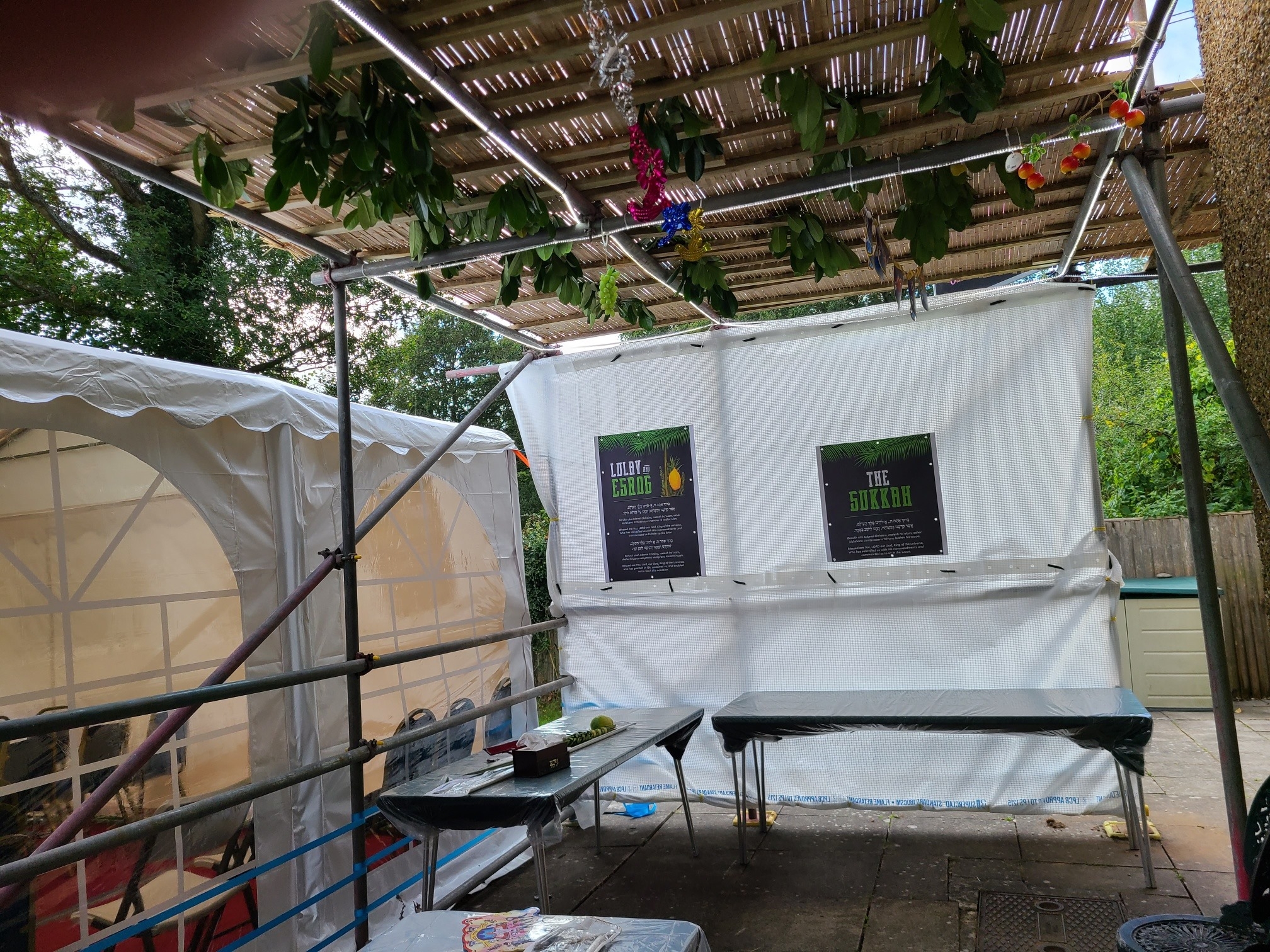 The decorated sukkah at Chabad of Bricket Wood